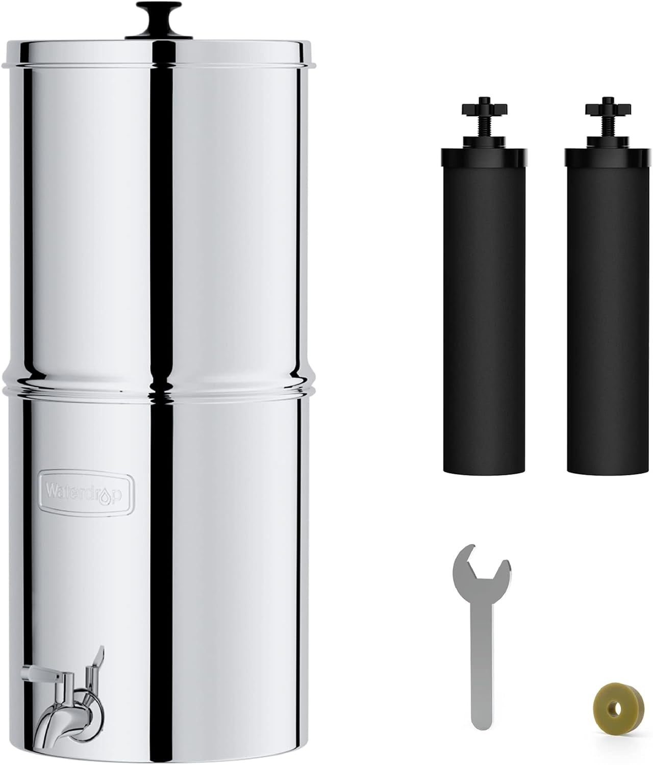 Waterdrop Gravity-fed Alkaline Water Filter System, Reduces Lead and up to 99% of Chlorine, with 2 Black Carbon Filters and Metal Spigot, King Tank Series
