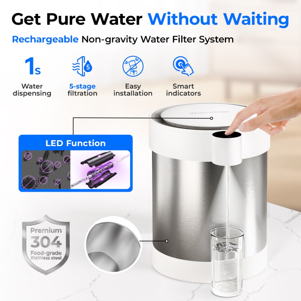 Rechargeable non-gravity water filter system with water dispensing and filtration features.