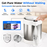 Rechargeable non-gravity water filter system with water dispensing and filtration features.