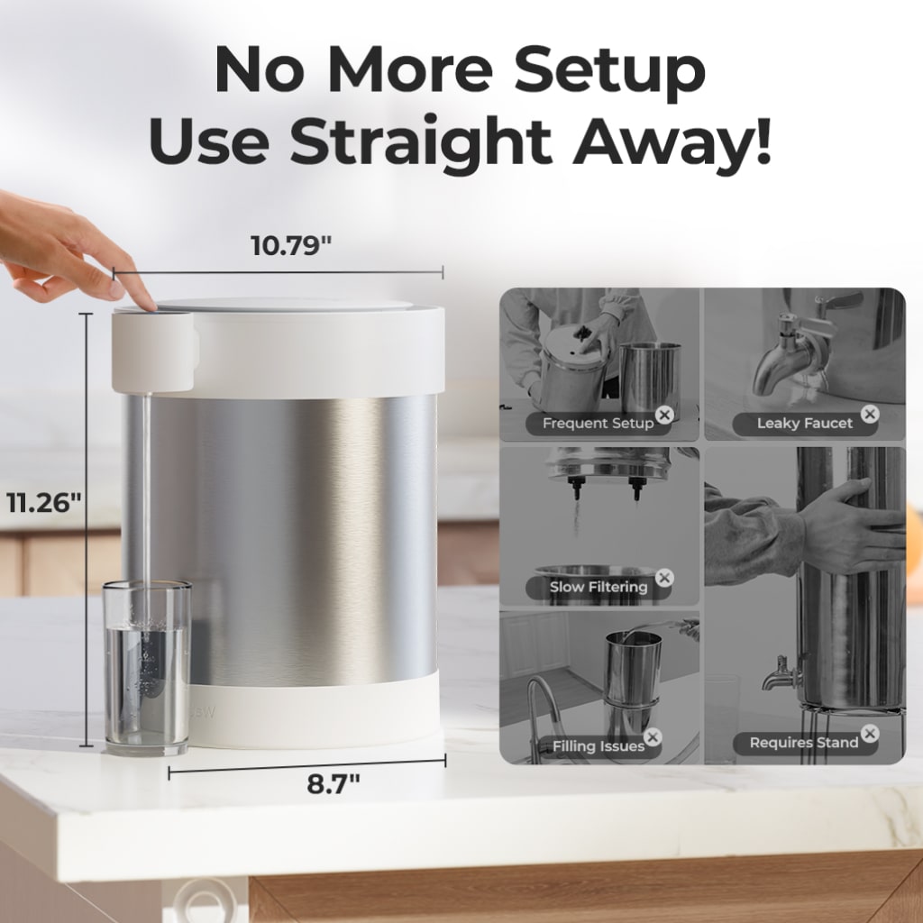Stainless steel UV water filter with dimensions and setup benefits on a kitchen counter.