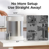 Stainless steel UV water filter with dimensions and setup benefits on a kitchen counter.