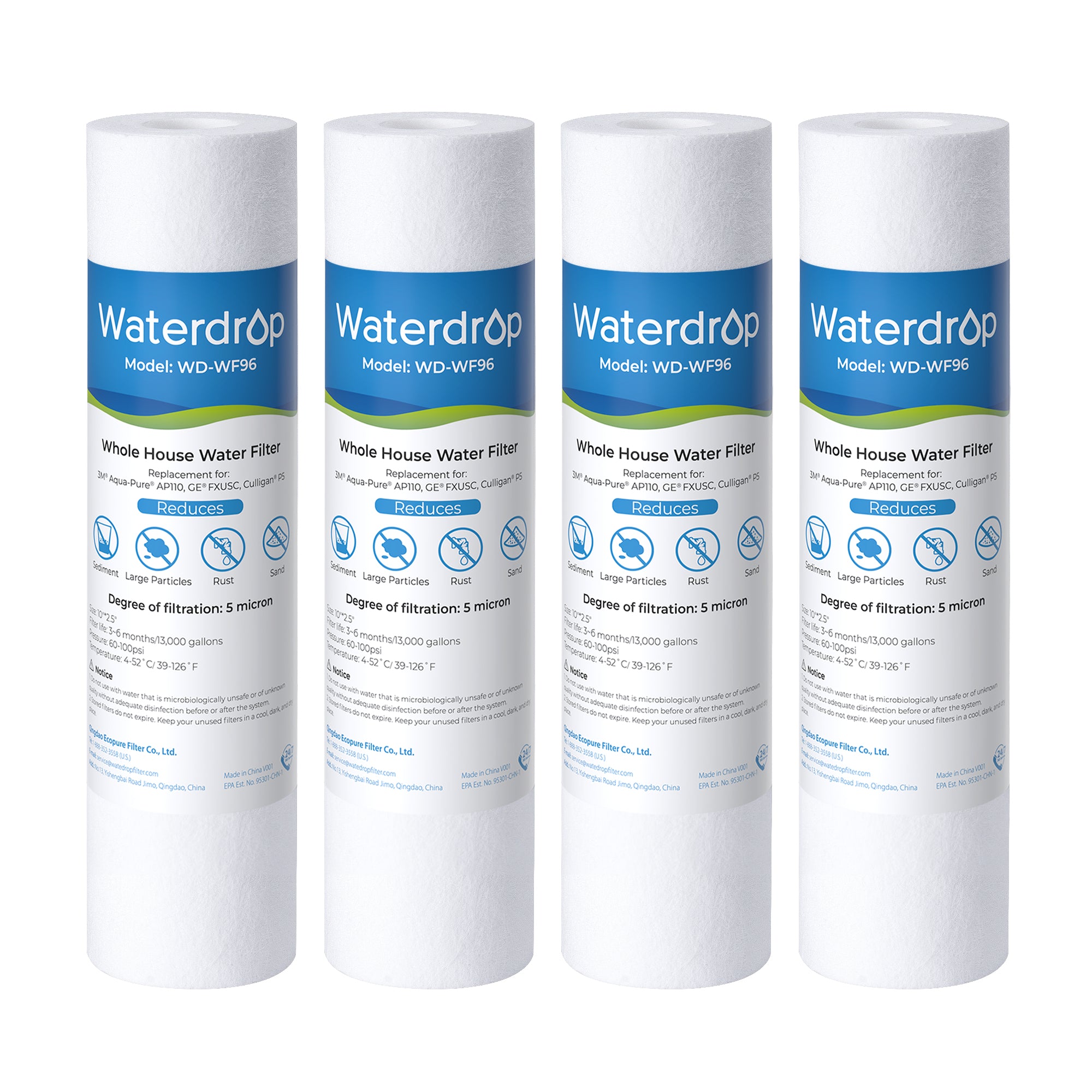 Waterdrop 5 Micron 10" x 2.5" Whole House Sediment Home Water Filter Cartridge Replacement for Any 10 inch RO Unit 4pcs