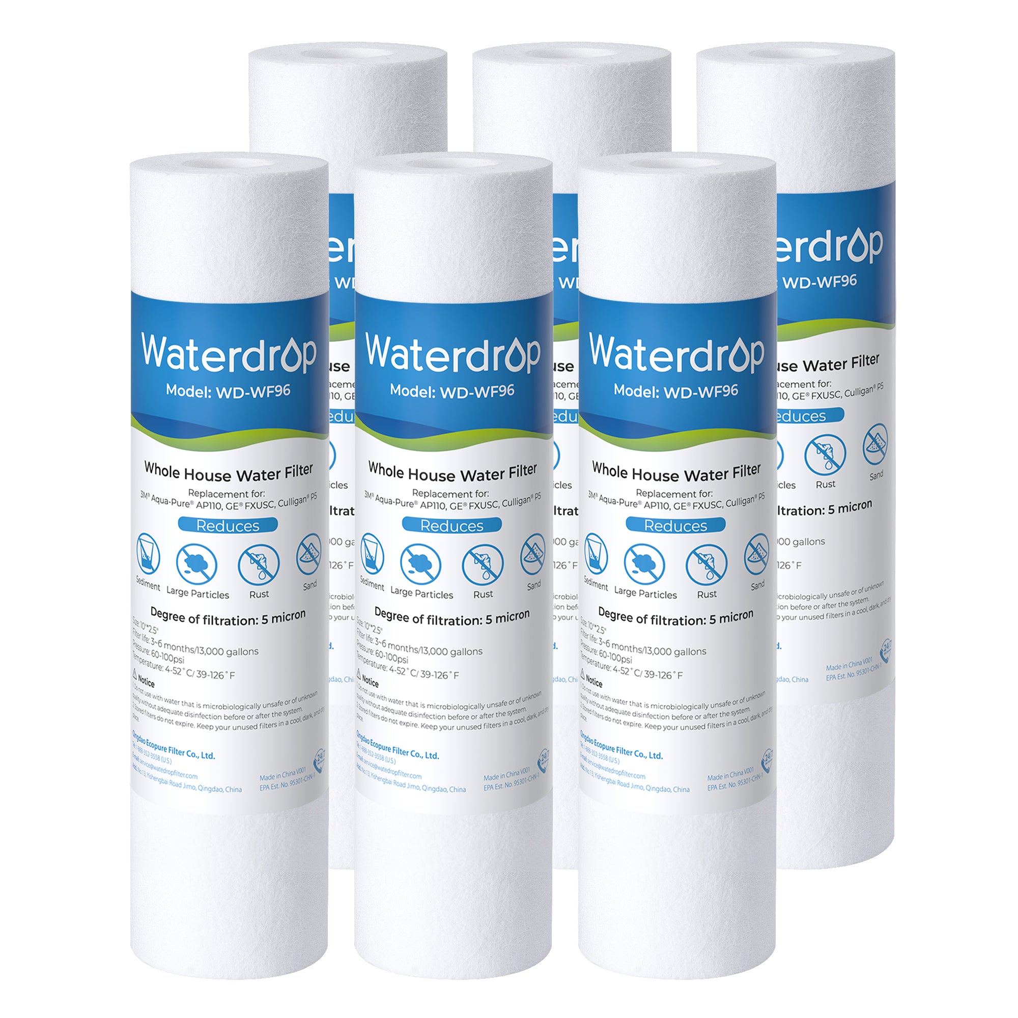 Waterdrop 5 Micron 10" x 2.5" Whole House Sediment Home Water Filter Cartridge Replacement for Any 10 inch RO Unit 6pcs