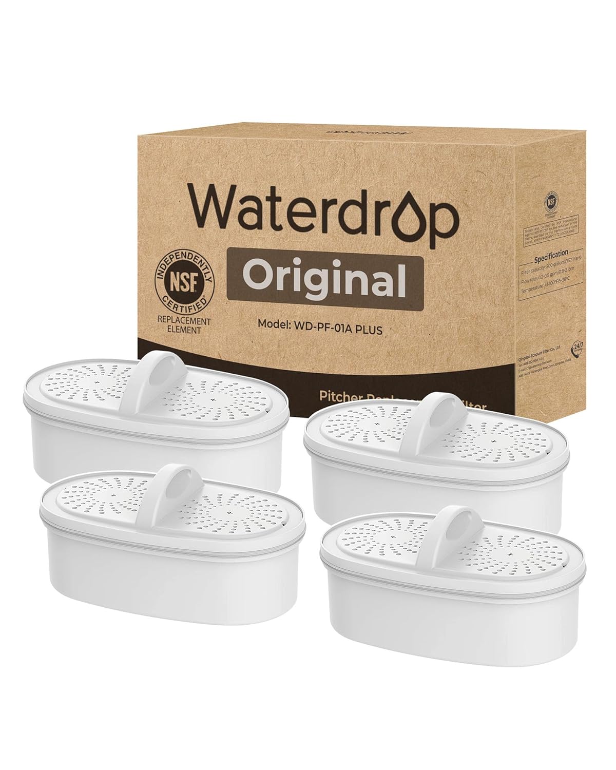 [Original] Waterdrop WD-PF-01A Plus NSF Certified Replacement Filters for All Waterdrop Pitcher and Dispenser Filtration System, Reduces PFAS, PFOA/PFOS, Last Up to 200 Gallons (4 Packs)
