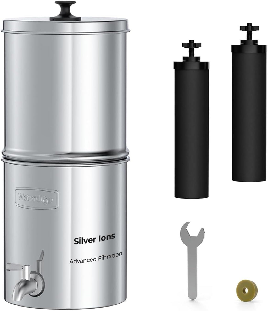 Waterdrop Gravity Water Filter, 2.25G Stainless-Steel System with Silver Ions Enhanced Filtration with 2 Black Carbon Filters, NSF/ANSI 42&372 Standard, Reduces Chlorine for Emergencies
