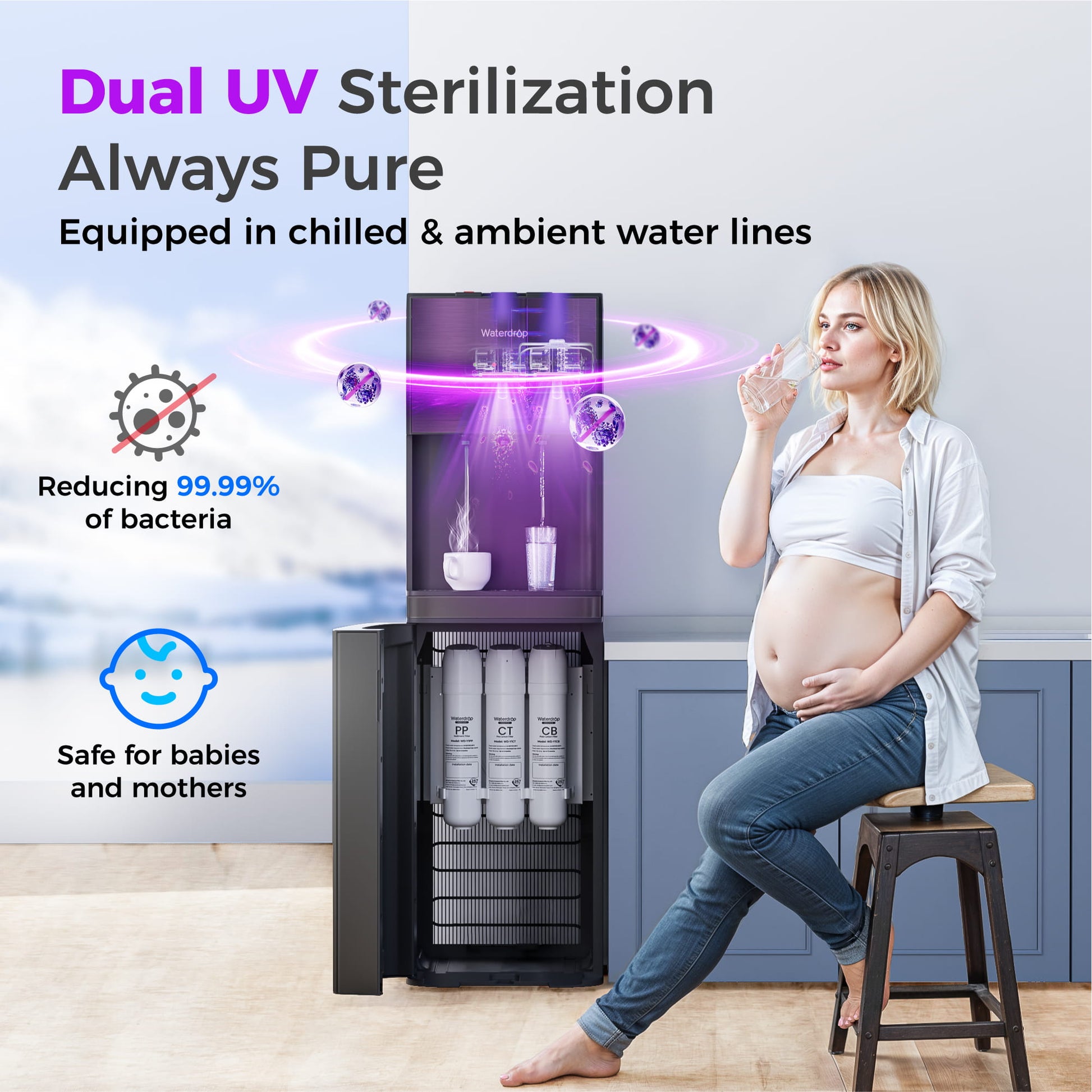 Waterdrop Y1CH-BC 8-Stage Advanced Filtration Bottleless Water Cooler, Black