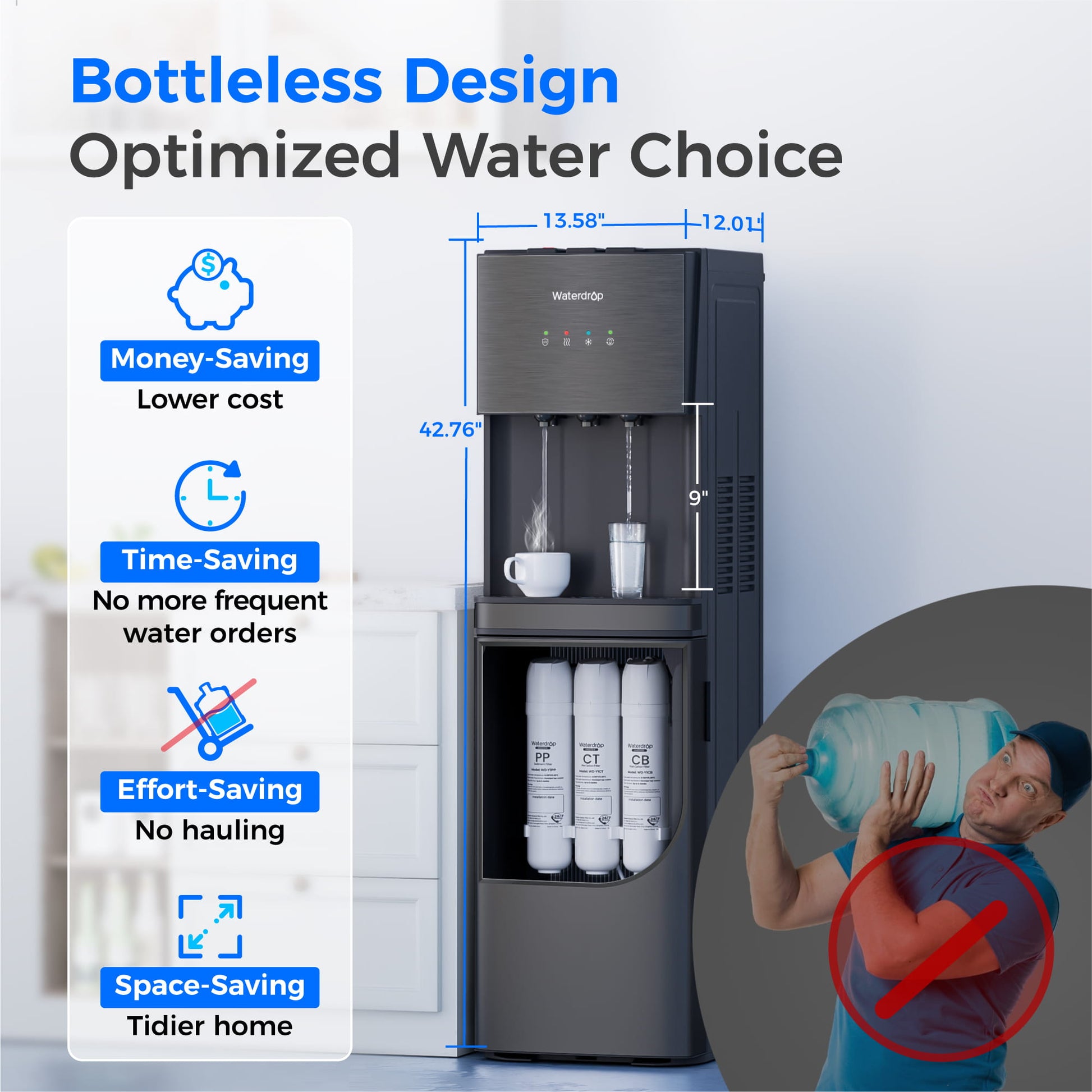 Waterdrop Y1CH-BC 8-Stage Advanced Filtration Bottleless Water Cooler, Black