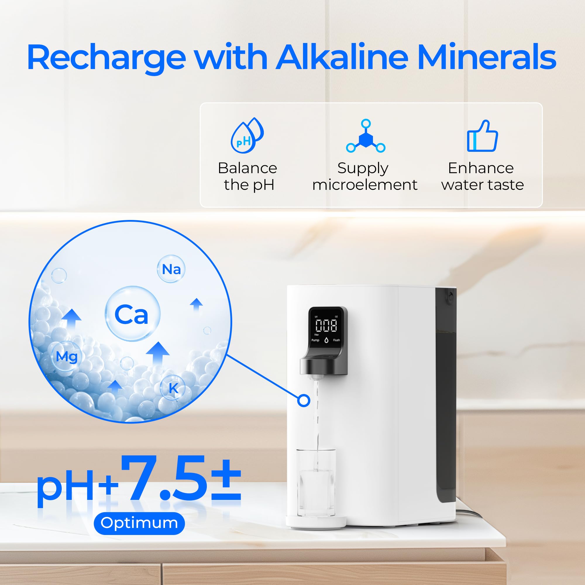 Waterdrop K19-SFK dispensing purified water on a kitchen counter